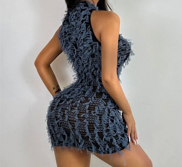 Women Sexy Sleeveless Color Fringe Mesh Dress