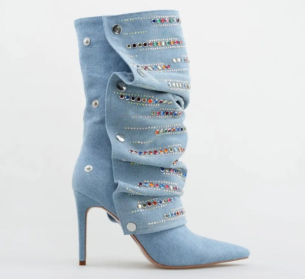 Women Fashion Button Color Rhinestone Denim Boots