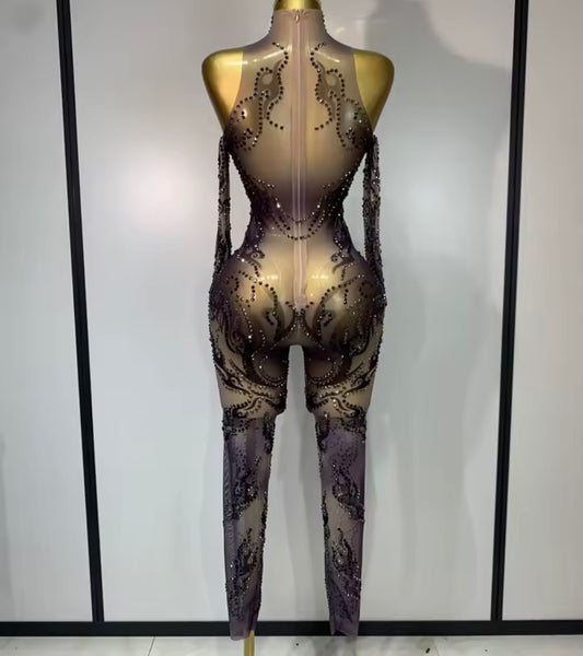 Women Color Rhinestone Mesh Full Sleeve Jumpsuit
