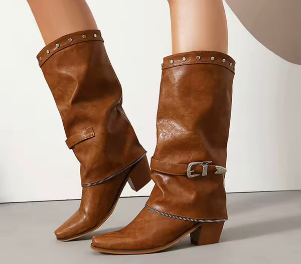 Women Fashion Rivet Zipper Buckled Western Boots