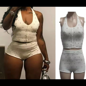 Women White Halter Sleeveless Bling Two Piece Short Set
