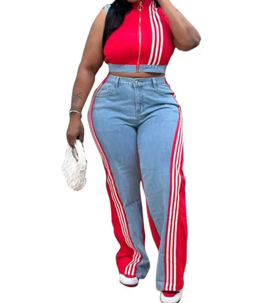 Women Zip Up Sleeveless Striped Color Denim Patchwork Two Piece Pant Set