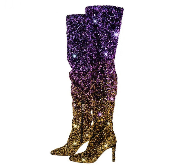 Women Over The Knee Color Patchwork Sequins Fashion Boots