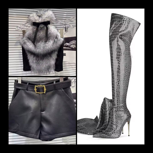 Women Fashion Belted Faux Leather Shorts