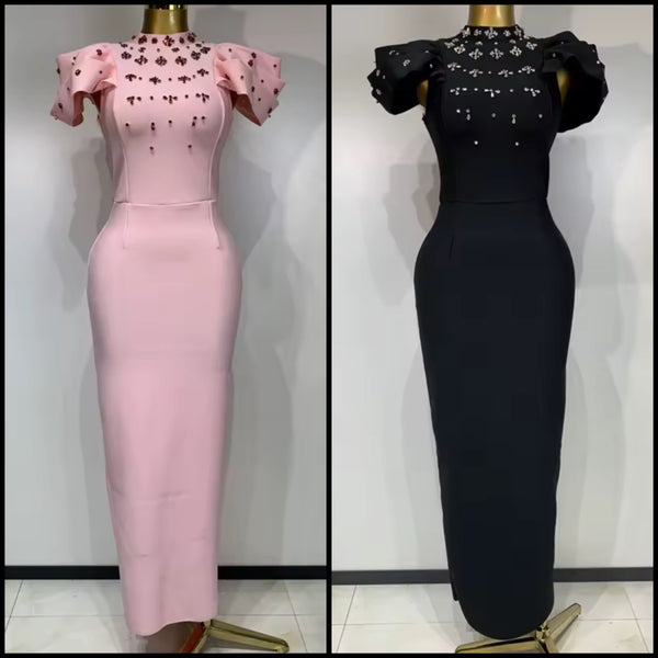Women Elegant Crystal Patchwork Short Sleeve Maxi Dress