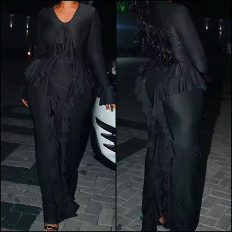 Women Sexy Black Ruffled Full Sleeve Maxi Dress