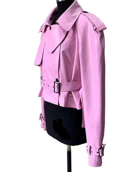 Women Pink Fashion Buckled Faux Leather Jacket