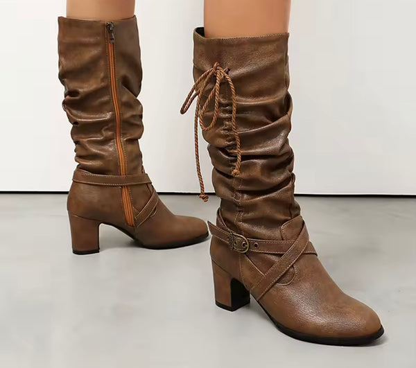 Women Fashion Buckled Ruched Tie Up Faux Leather Boots