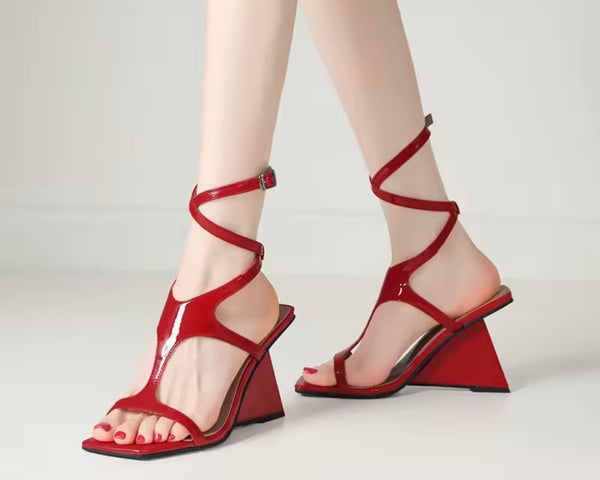 Women Fashion Patent Leather Lace Up Buckle Wedge Sandals