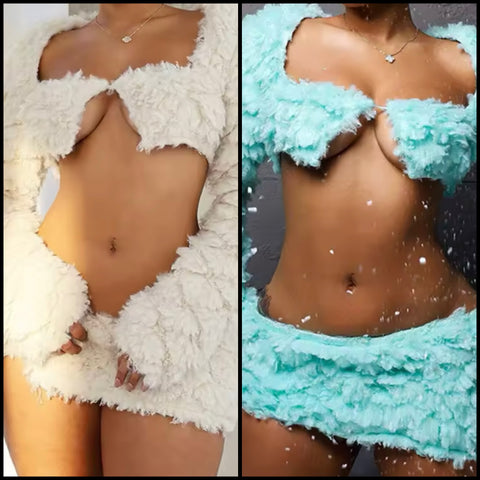 Women Sexy Faux Fur Full Sleeve Crop Two Piece Skirt Set