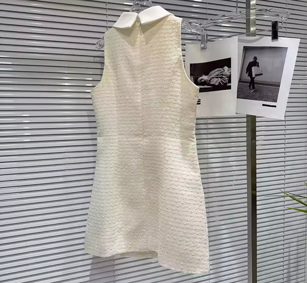 Women Collar Sleeveless Lace Tweed Dress