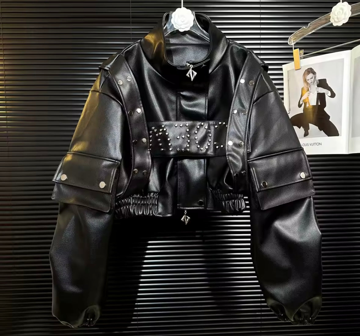 Women Fashion Rivet Faux Leather Jacket