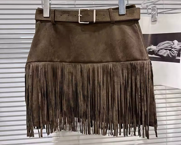 Women Color Fashion Sexy Suede Fringe Tassel Skirt