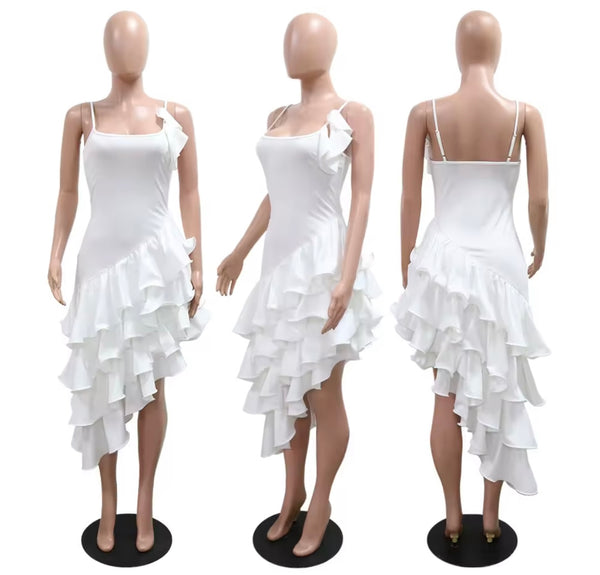 Women Sexy Sleeveless Solid Color Ruffled Asymmetrical Dress