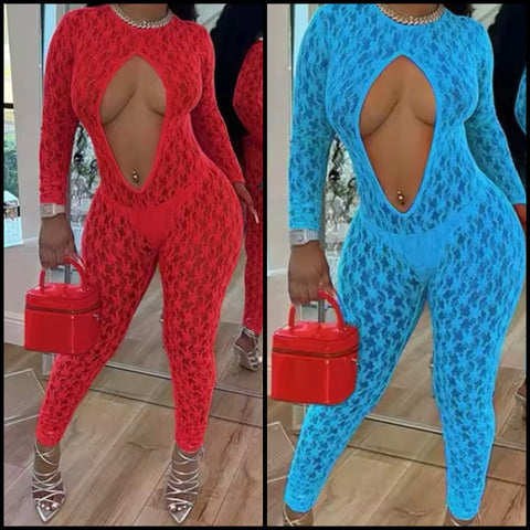 Women Sexy Lace Cut Out Full Sleeve Jumpsuit