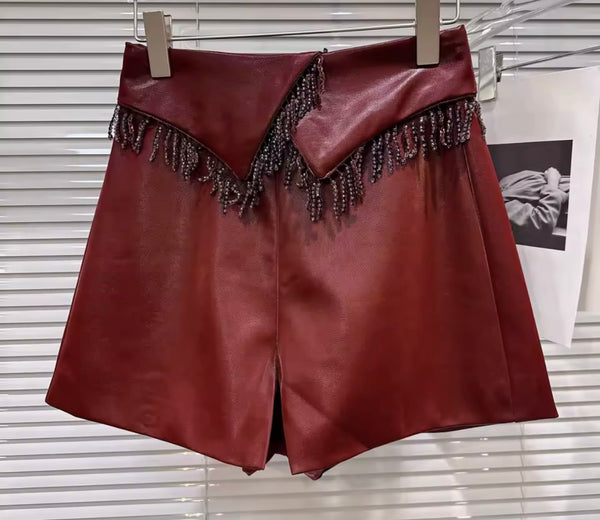 Women Color Fashion Faux Leather Tassel Shorts