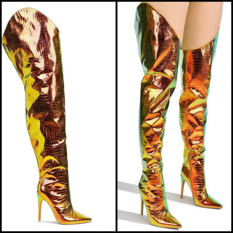 Women Fashion High Heel Metallic Thigh High Boots