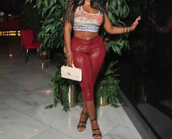 Women Fur Patchwork Fashion Faux Leather Two Piece Capri Pant Set