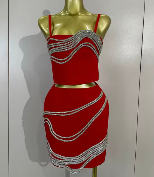 Women Sleeveless Rhinestone Patchwork Two Piece Skirt Set
