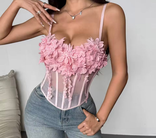 Women Pink Sleeveless Floral Mesh Tank Top