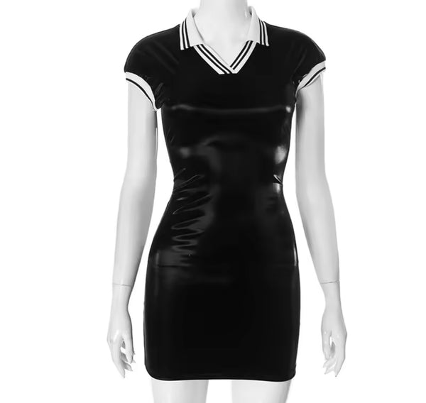 Women Sexy Short Sleeve Striped Collar Black Dress