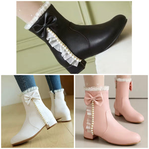 Women Fashion Pearl Color Patchwork Ruffled Bow Flat Ankle Boots