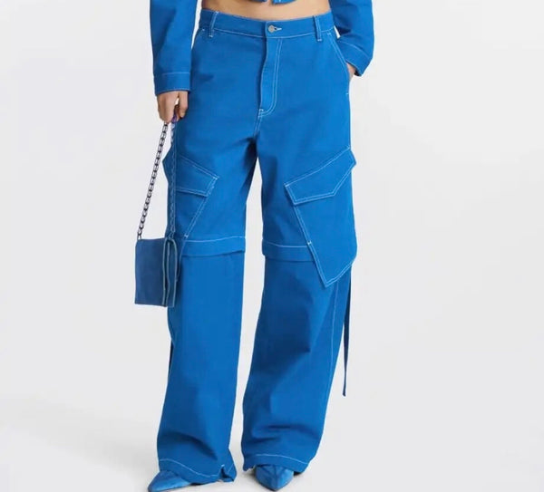 Women Fashion Drawstring Cargo Wide Leg Pants