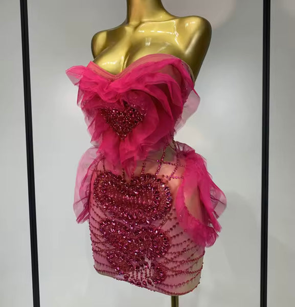 Women Pink Sexy Strapless Ruffle Rhinestone Mesh Dress