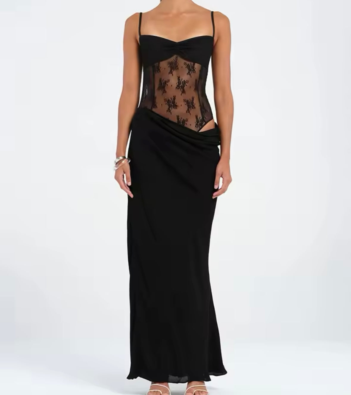 Women Sexy Sleeveless Lace Mesh Patchwork Maxi Dress