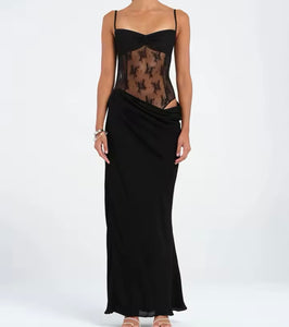 Women Sexy Sleeveless Lace Mesh Patchwork Maxi Dress