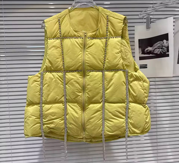 Women Color Rhinestone Tassel Fashion Puff Vest Jacket