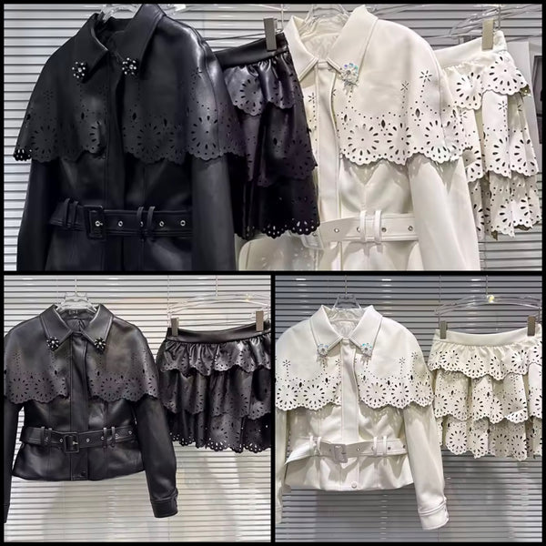 Women Fashion Ruffled Faux Leather Jacket Two Piece Skirt Set