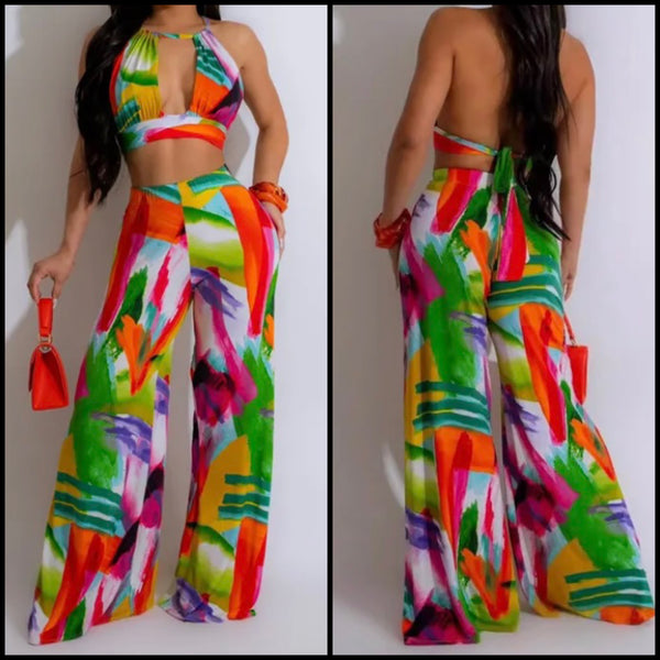 Women Sexy Halter Sleeveless Multicolored Print Two Piece Pant Set