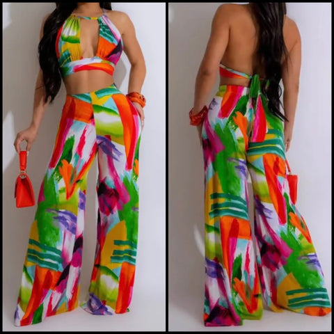 Women Sexy Halter Sleeveless Multicolored Print Two Piece Pant Set