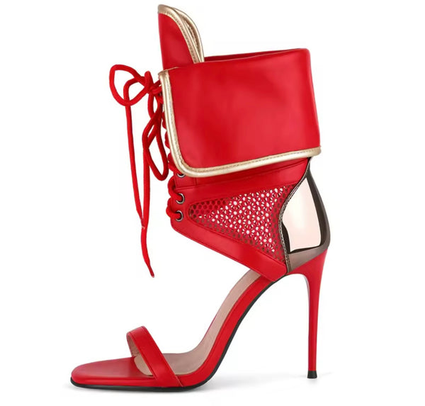 Women Fashion Open Toe Color Patchwork Tie Up High Heel Ankle Boots