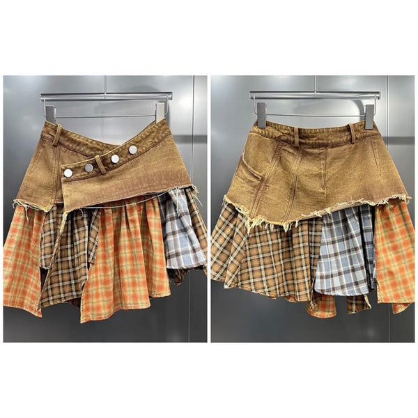 Women Fashion Plaid Pleated Denim Skirt