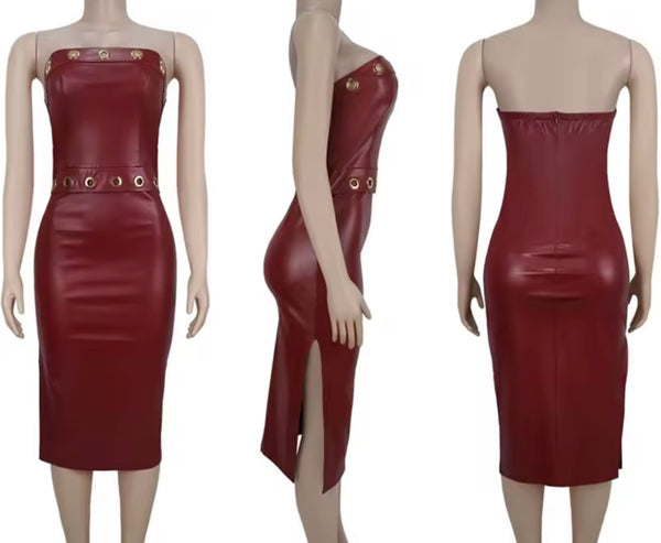 Women Strapless Metal Ring Faux Leather Sexy Dress