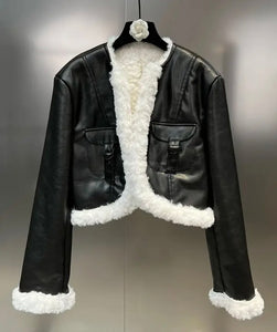 Women Warm B&W Faux Leather Fashion Jacket