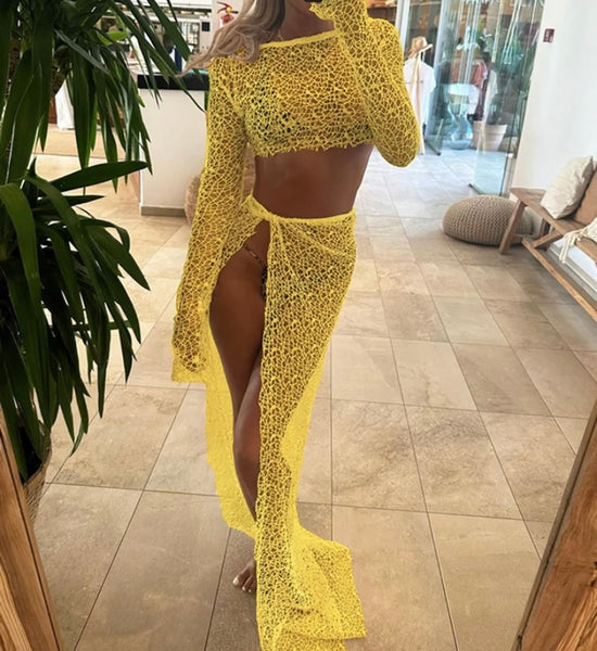 Women Sexy See Through Lace Full Sleeve Two Piece Beachwear Cover Up