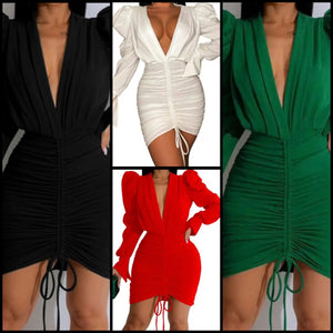 Women Sexy Deep V-Neck Full Sleeve Ruched Drawstring Dress