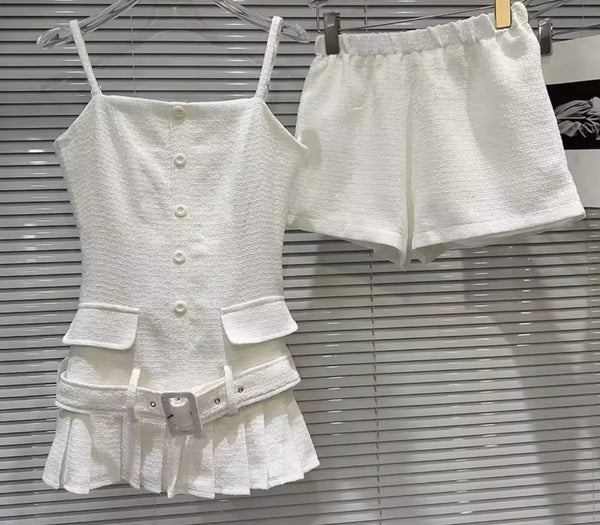 Women White Button Up Ruffled Belted Sleeveless Two Piece Short Set