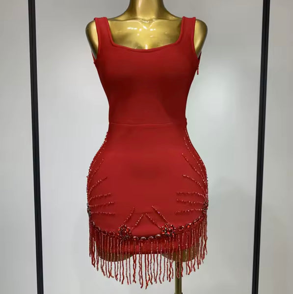Women Sexy Sleeveless Red Beaded Tassel Dress