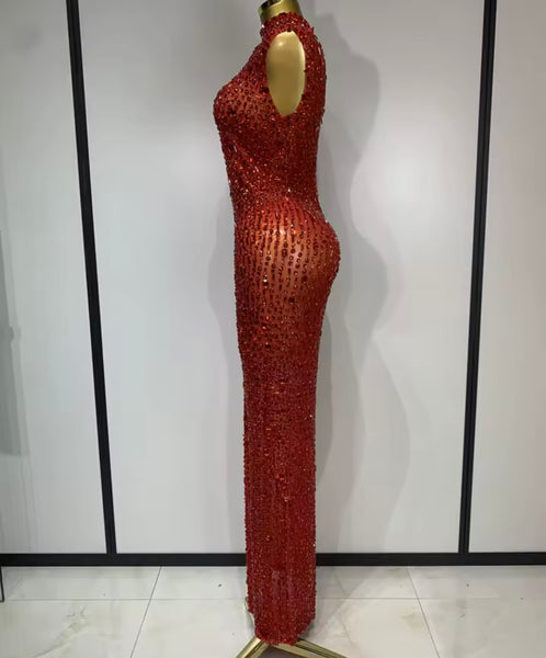 Women Sexy Sleeveless Color Crystal Mesh Maxi Dress
