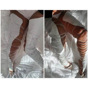 Women White Fashion Open Toe Over The Knee Lace Up Cut Out Boots