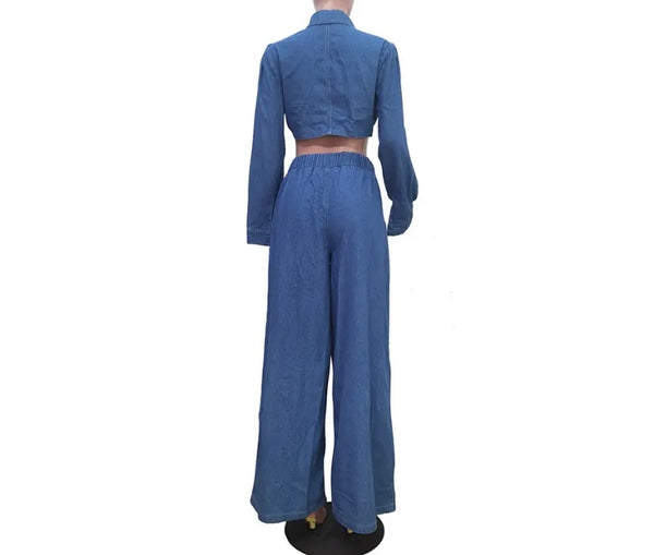 Women Sexy Fashion Denim Two Piece Full Sleeve Wide Leg Pant Set