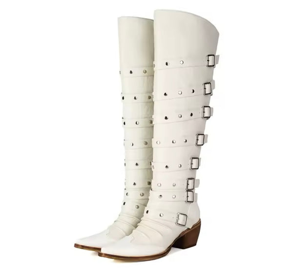 Women Fashion Color Buckled Knee High Western Boots