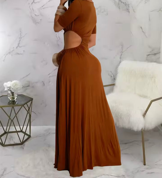 Women Sexy Solid Color Short Sleeve Cut Out Side Split Maxi Dress