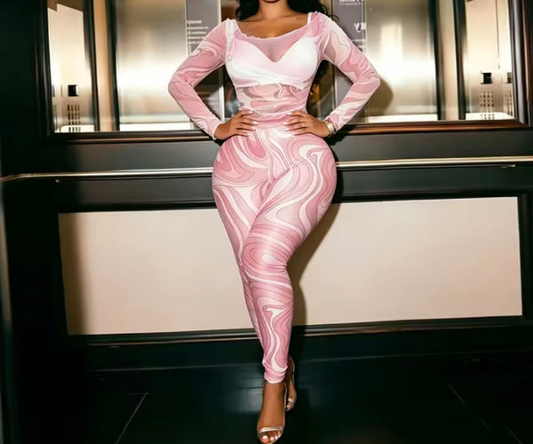 Women Printed Mesh Full Sleeve Fashion Two Piece Pant Set