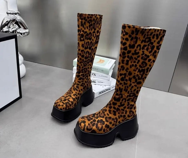 Women Fashion Leopard Print Platform Ankle/Knee High Boots