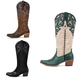 Women Color Patchwork Fashion Knee High Western Boots